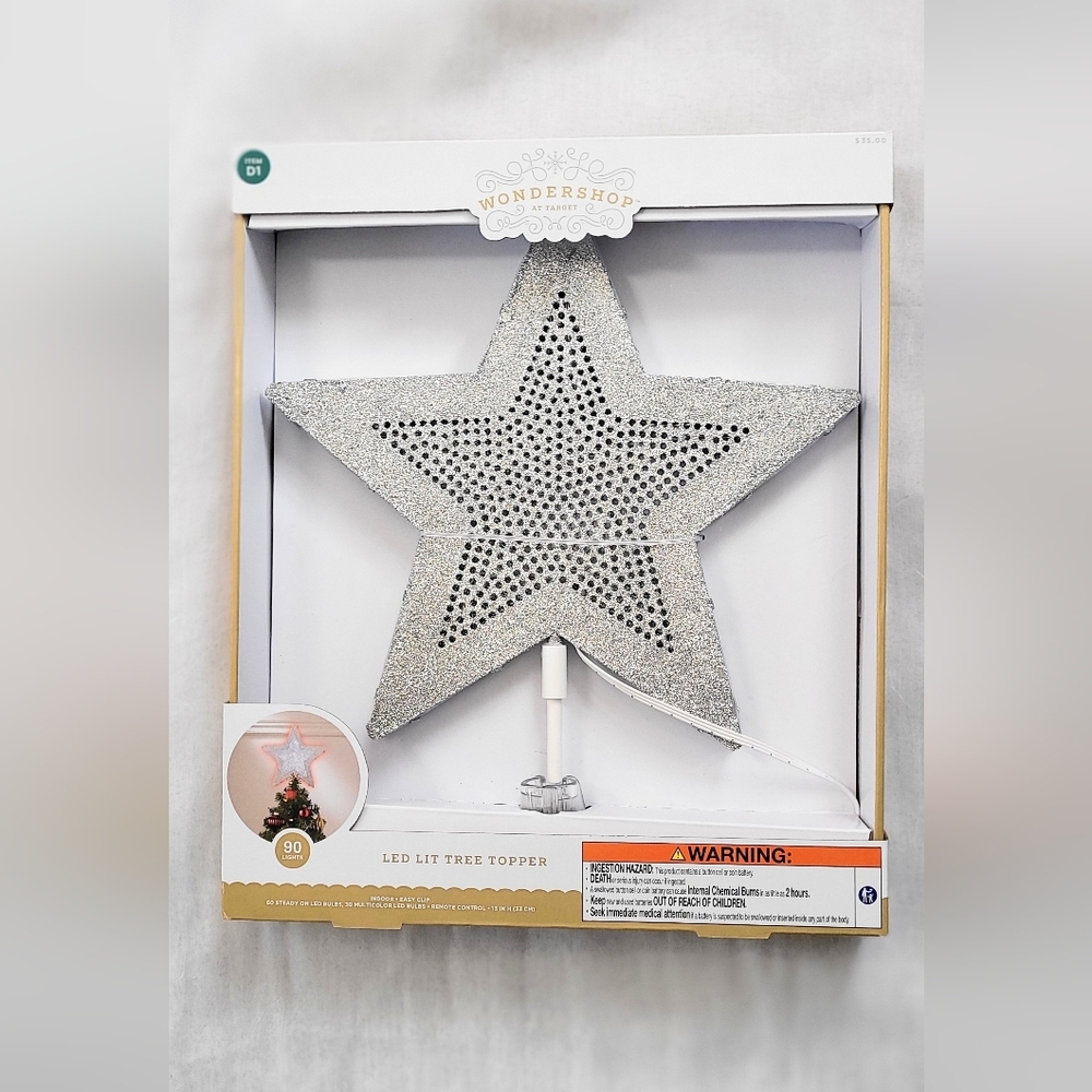 NWT! Holiday Bright LED Lit Glitter Silver Star Christmas Topper
